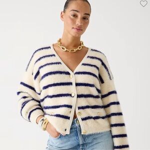 J crew Sweater lady jacket in striped brushed yarn warm sesame indigo like new